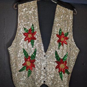 Vintage Holiday Sequin Vest Pointsettia Ugly Christmas XL Kitschy